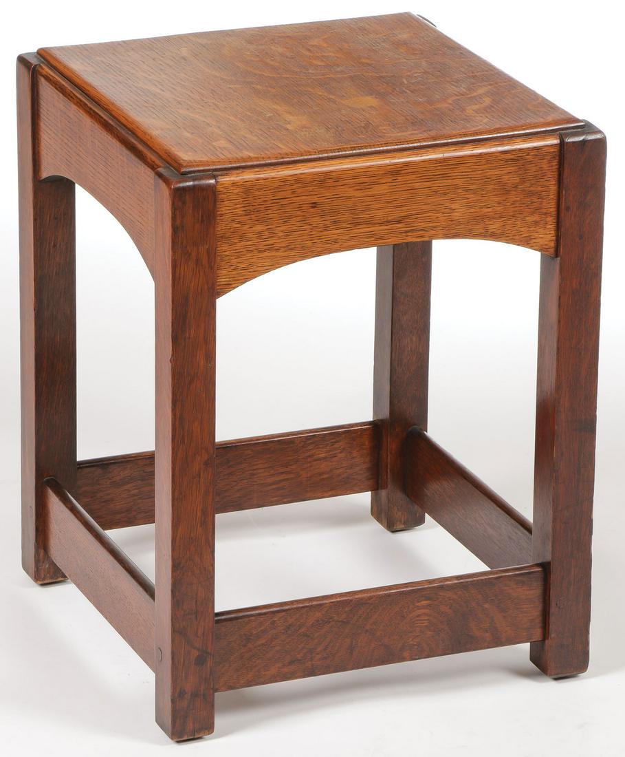 LIMBERT OAK STOOL: LIMBERT OAK STOOL. Appears to be original finish, branded mark on underside, height 18 inches. SHIPPING NOTICE: Jackson's is your sole and only source for one stop packing and shipping. With over