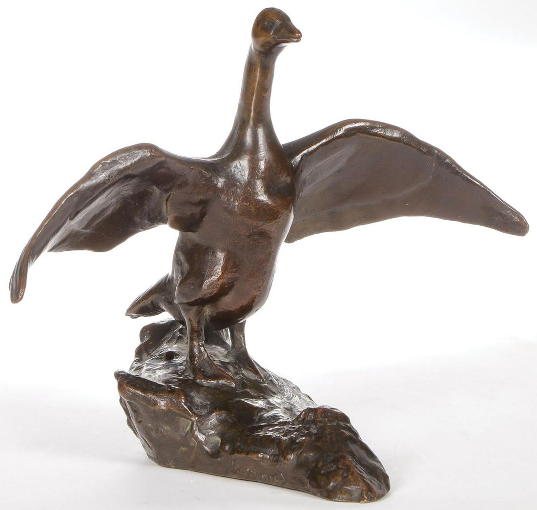 GOOD AMERICAN ANIMAL BRONZE C. 1900: EUGENIE FREDERICA SHONNARD (American 1886-1978)An Upright Goose with Spread Wings on Rocky Outcrop Bronze with brown patinaSigned on base and with Gorham Foundry markHeight 6 inches (15.1 cm)