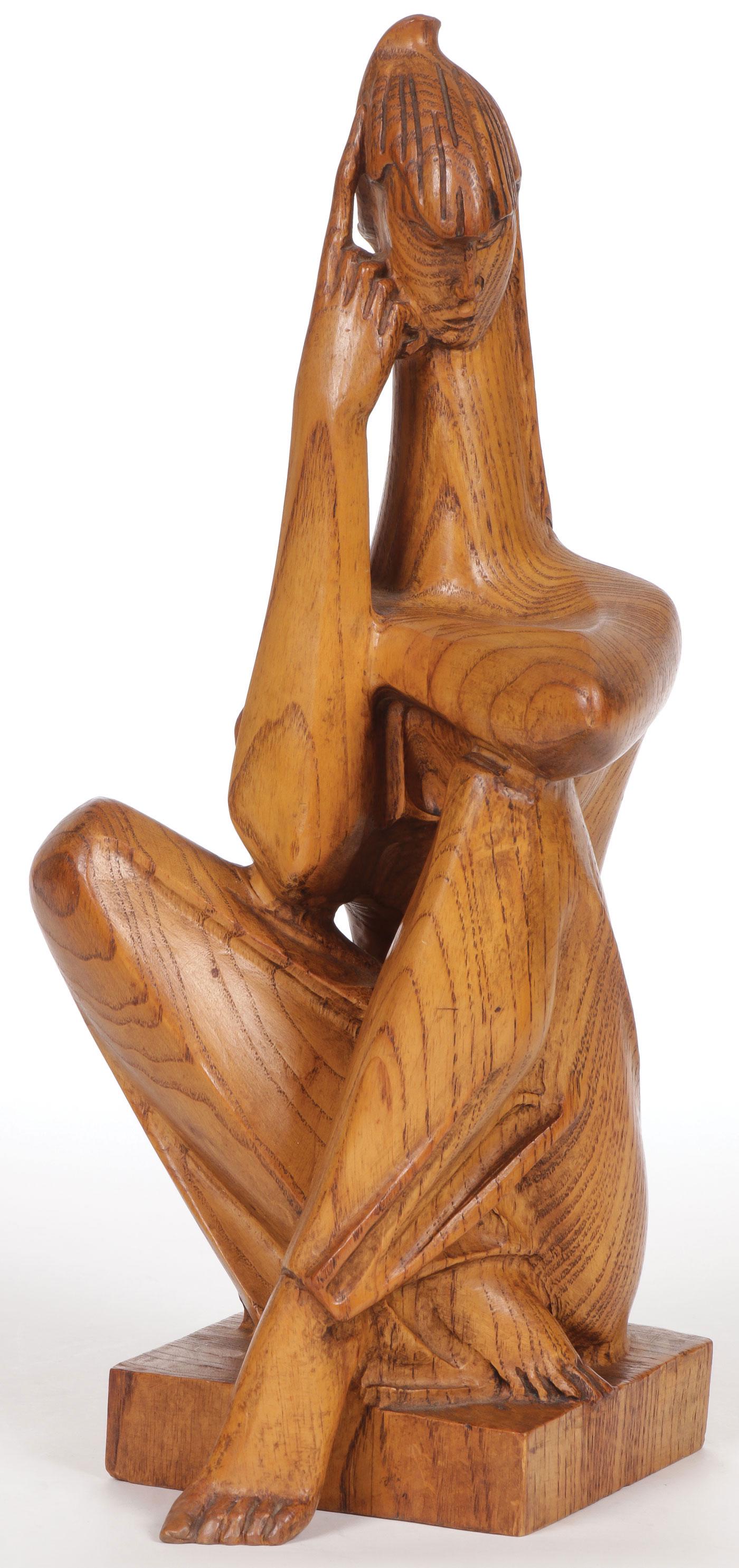 GREAT ALBERT WEIN SCULPTURE CIRCA 1960: GREAT ALBERT WEIN SCULPTURE CIRCA 1960. Comprising a finely carved oak figure of a seated female figure with crossed legs and head rested pensively on hand. Carved in full round. Unsigned but unquesti