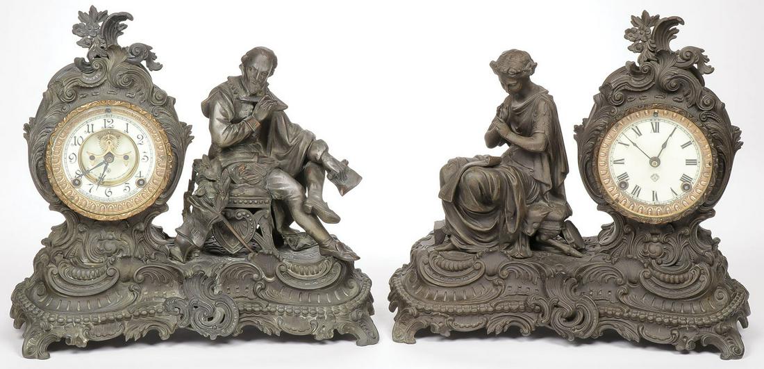 PAIR OF ANSONIA FIGURAL MANTEL CLOCKS: PAIR OF ANSONIA FIGURAL MANTEL CLOCKS. Comprising a pair of large and impressive spelter ware figural clocks each resting on ornate rocaille bases and each with a clock tower or case set with an Anson