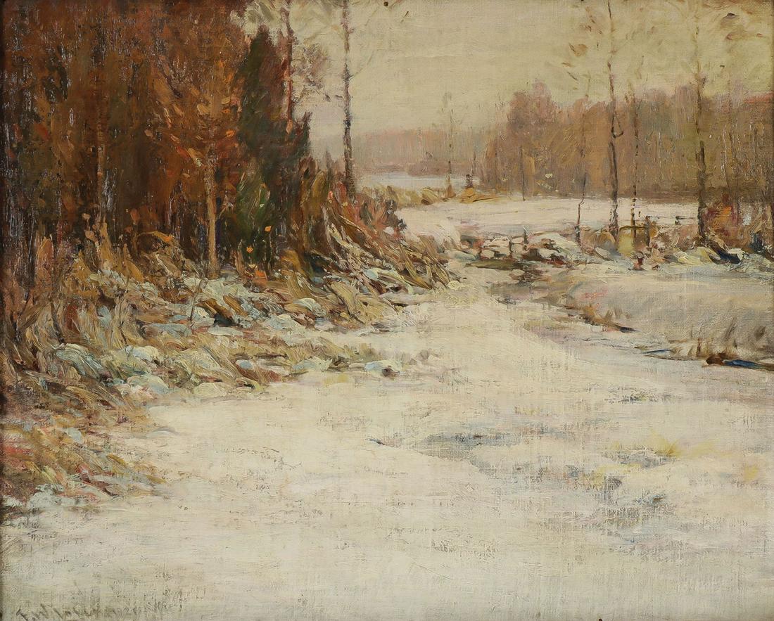GOOD AMERICAN WINTER OIL PAINTING, FRANK LOVEN: FRANK W. LOVEN (American 1868-1941) Winter Wooded Landscape Oil on board Signed lower left 16 inches x 20 inches SHIPPING NOTICE: Jackson's is your sole and only