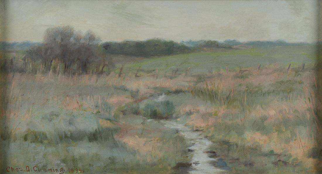 GREAT AMERICAN IMPRESSIONIST PAINTING 1894: CHARLES ATHERTON CUMMING (American 1858-1932) Misty Morning Spring Landscape - 1894 Oil on canvas Signed and dated lower right 10 inches x 18 inches Note: Verso with wonderful inscr