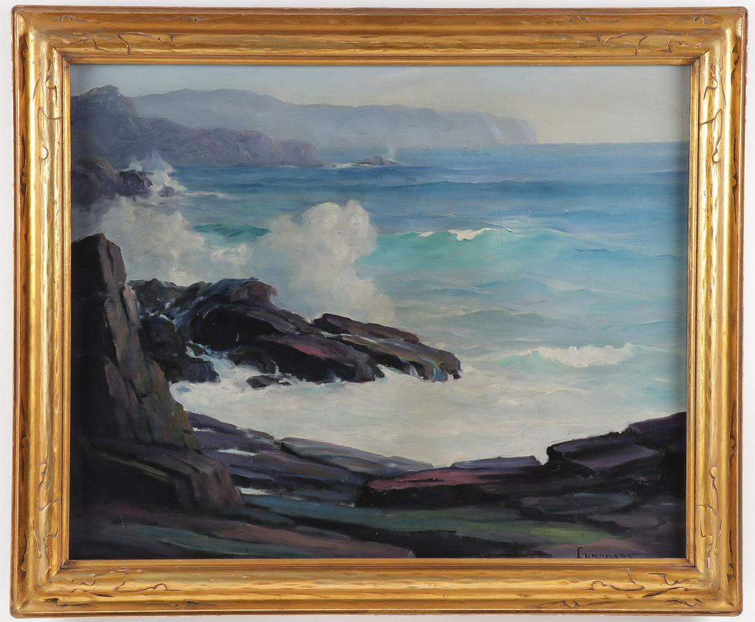 ORIGINAL CALIFORNIA SEASCAPE PAINTING C. 1930: LEON LUNDMARK (American 1875-1942) California Seascape - Circa 1930 Oil on canvas Signed lower right 24.5 inches x 30.75 inches and contained in its likely original carved gilt wood frame <