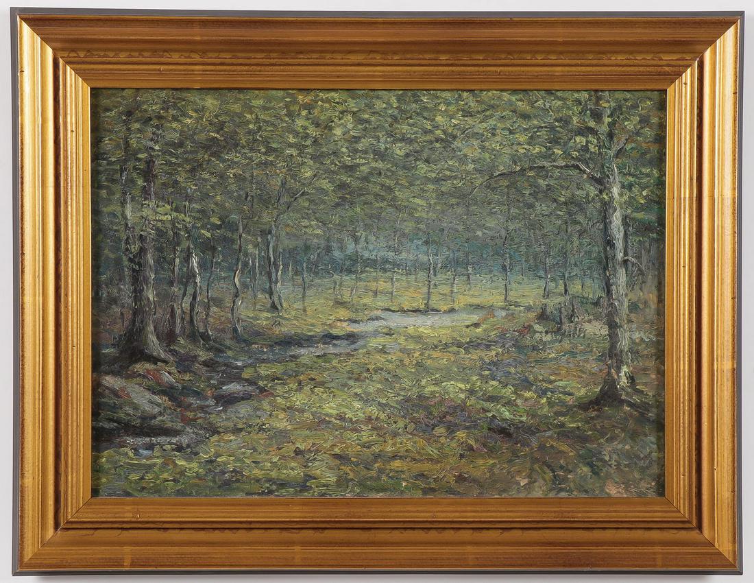AMERICAN IMPRESSIONIST OIL LANDSCAPE, LOVEN: FRANK W. LOVEN (American 1868-1941) Impressionist Summer Wooded Landscape Oil on board Apparently unsigned 12 inches x 16 inches SHIPPING NOTICE: Jackson's is you