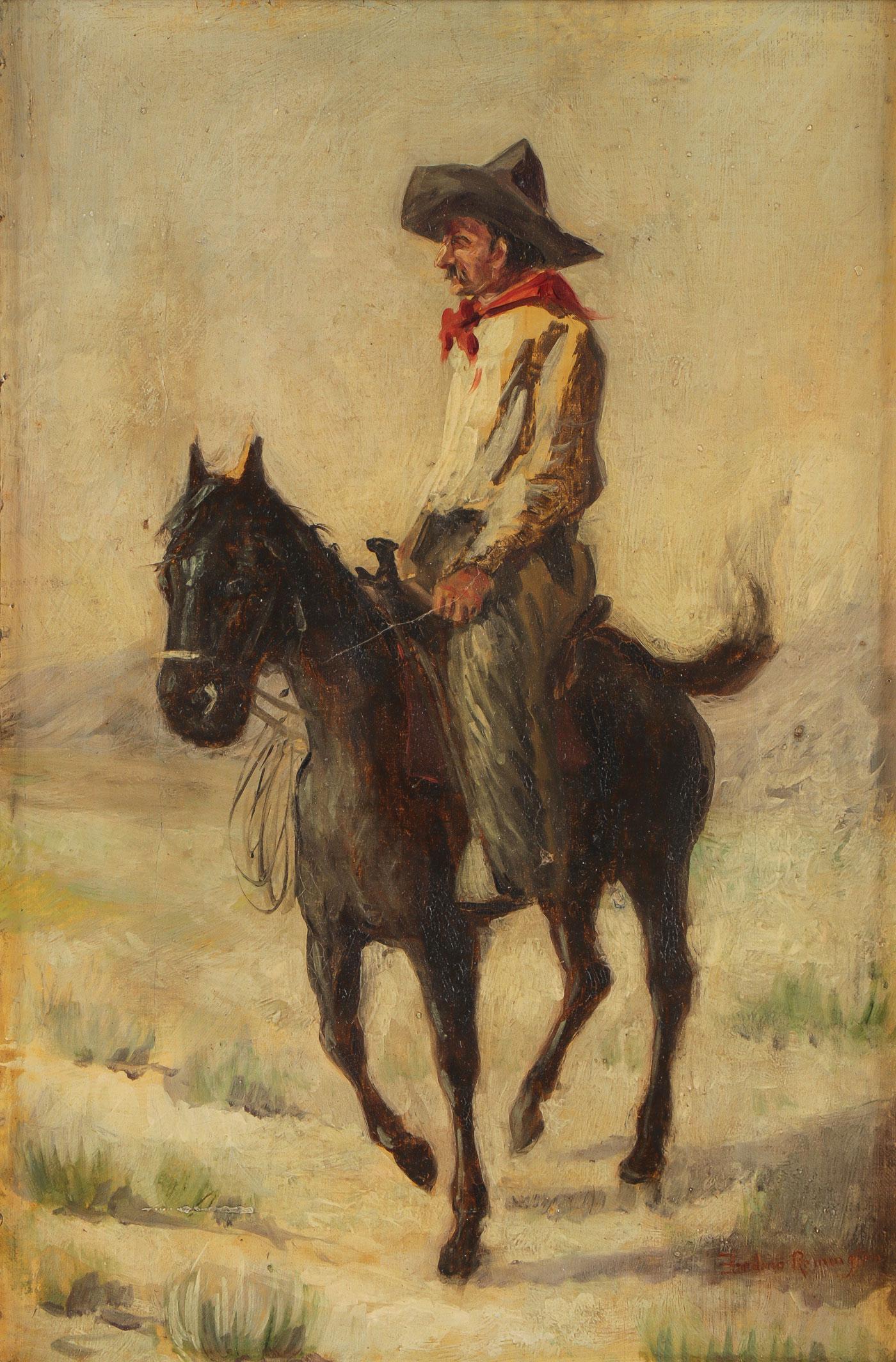 CIRCLE OF FREDERIC REMINGTON OIL PAINTING C. 1900: Circle of FREDERIC REMINGTON (American 1861-1909) Cowboy on Horse Oil on canvas laid on panel Bears signature lower right 14.5 inches x 10 inches SHIPPING NOTICE: Jacks