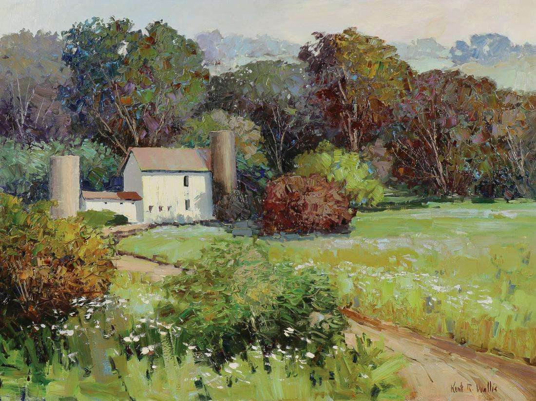 NICE KENT WALLIS OIL ON CANVAS LANDSCAPE: KENT WALLIS (American b. 1945-) Soft Green Grass Oil on canvas Signed lower right, verso with inventory inscription and label for The May Gallery, LTD 30 inches x 40 inches, contained in a large a