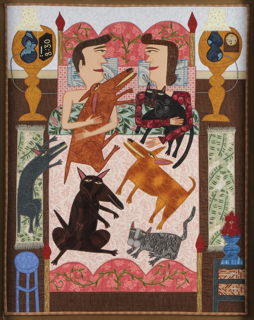 GREAT ORIGINAL ANTIEAU FOLK ART: GREAT ORIGINAL ANTIEAU FOLK ART. Comprising a colorful and impressive quilted panel by noted American folk artist Chris Roberts-Antieau (B. 1951) titled "Good Night", contained in original