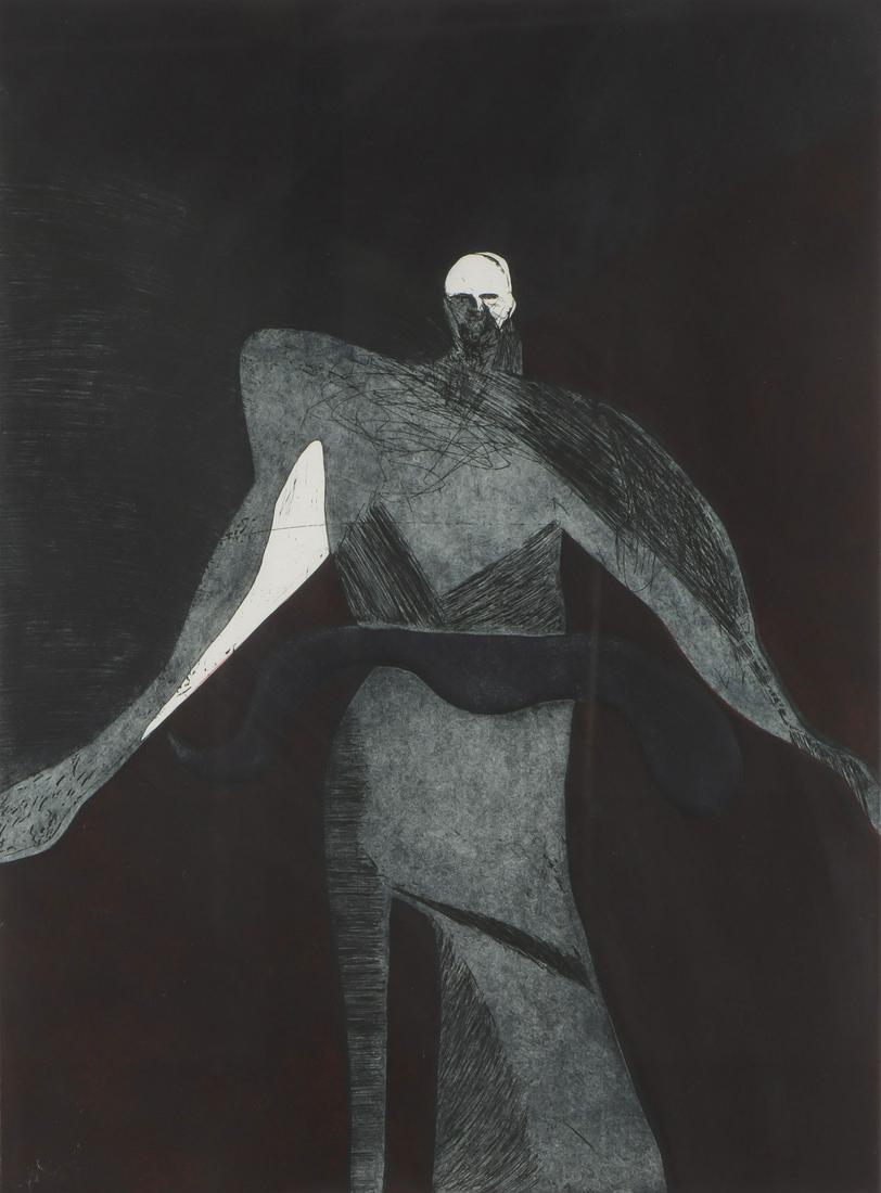 FRITZ SCHOLDER SIGNED PRINT, DARK SHAMAN: FRITZ SCHOLDER (American 1937-2005) Dark Shaman Etching with hand coloring Signed lower right and editioned AI lower left Contained in a glazed frame overall measuring 36 inches x 27.75 inches <