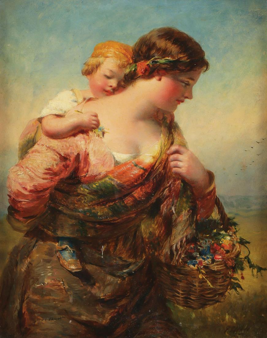 JOHN JAMES HILL OIL ON WOOD C. 1870: JOHN JAMES HILL (British 1811-1882)Returning Home Oil on wood panelSigned lower right, verso with titled and signed exhibition label from W. Barker & Co., as well as Cooling Galleries and M. Newma