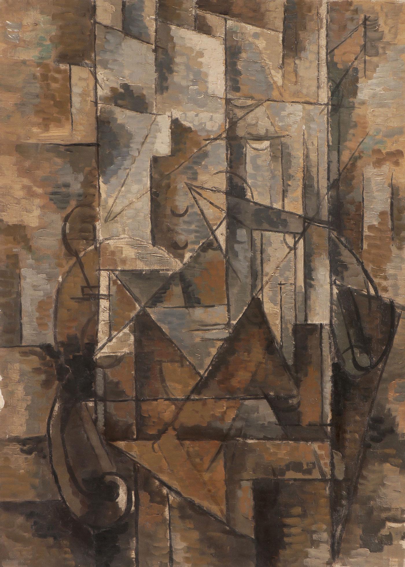 CUBIST OIL ON CANVAS CIRCLE OF BRAQUE: Circle of GEORGES BRAQUE (French 1882-1963) Cubist Composition Oil on canvas Bears signature on verso 21.75 inches x 15.75 inches (55.5 x 40 cm), unframed SHIPPING NOTICE: