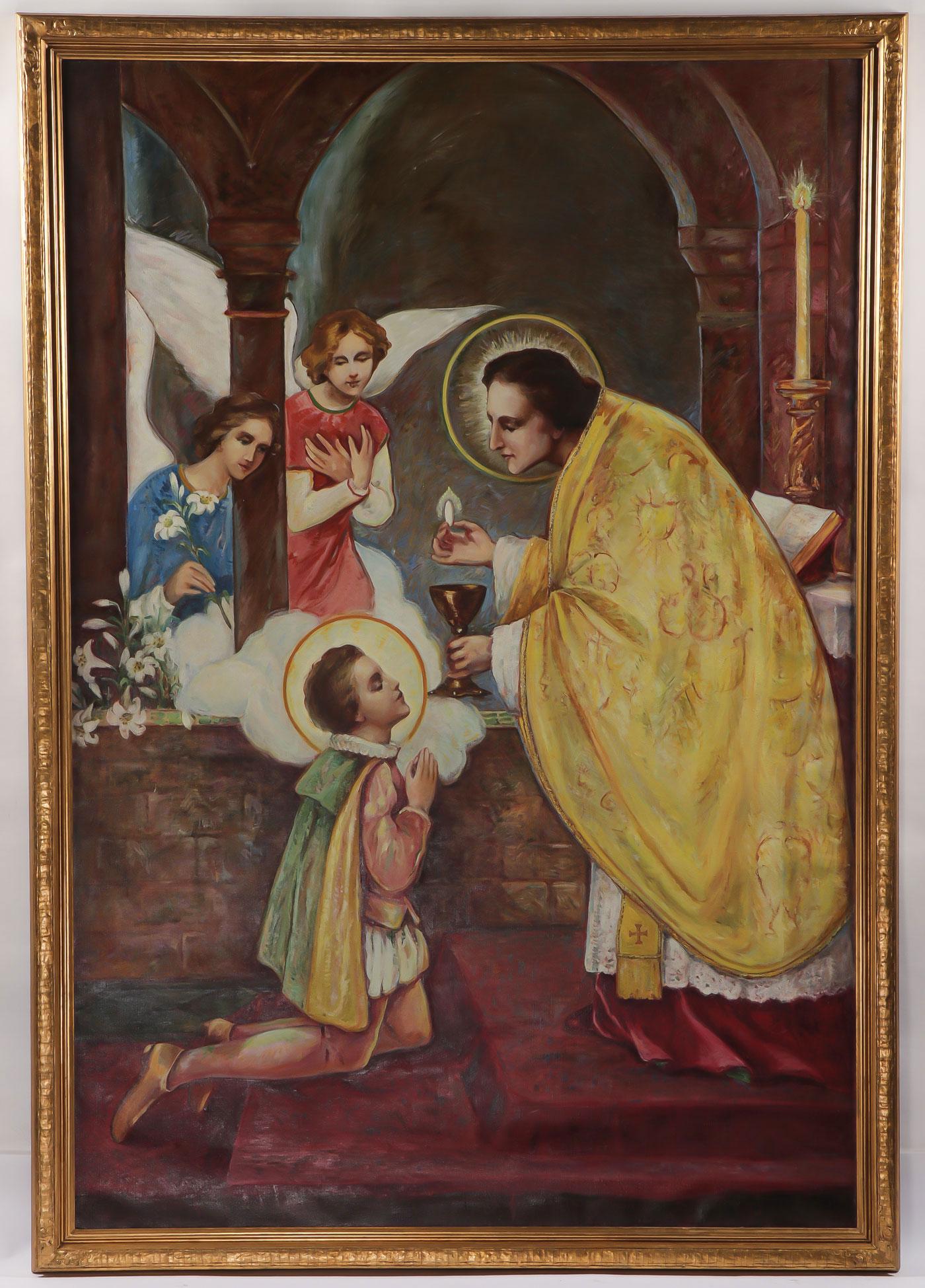 NEWCOMB MACKLIN FRAME W/ RELIGIOUS PAINTING: NEWCOMB MACKLIN FRAME W/ RELIGIOUS PAINTING. Comprising a large and impressive gilt Newcomb Macklin frame containing an oil on canvas painting depicting The Young Saint Aloysius de Gonzaga Receiving H
