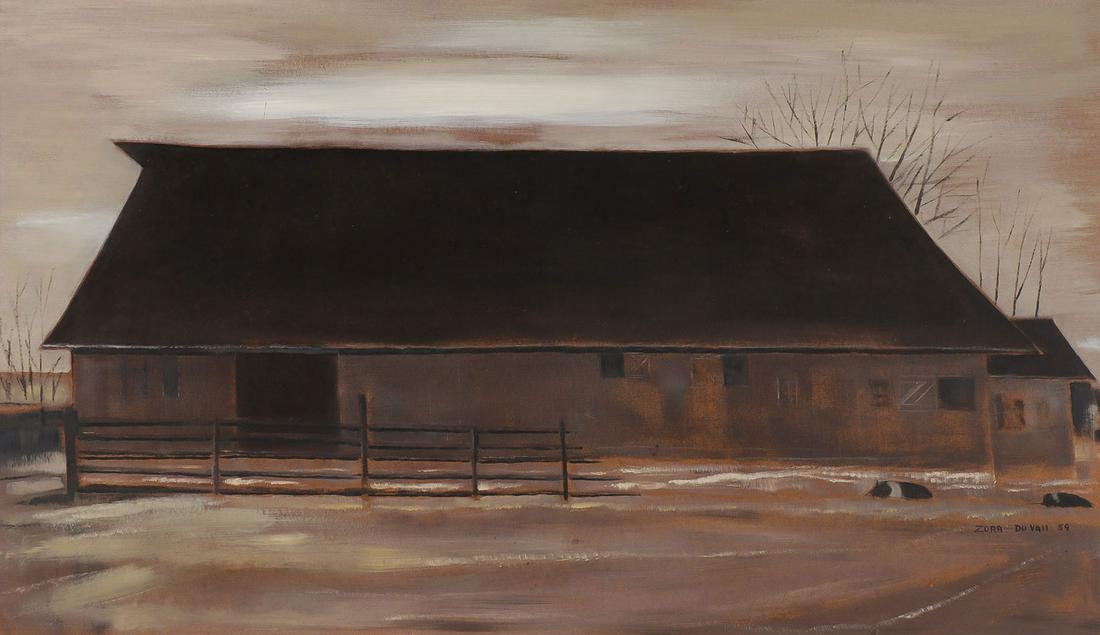 ORIGINAL SIGNED AMERICAN BARN PAINTING: ZORA DUVALL (American b. 1927 - )Moody Landscape with Barn 1959Oil on panelSigned and dated lower right20 inches x 34 inchesSHIPPING NOTICE:Jackson's is you