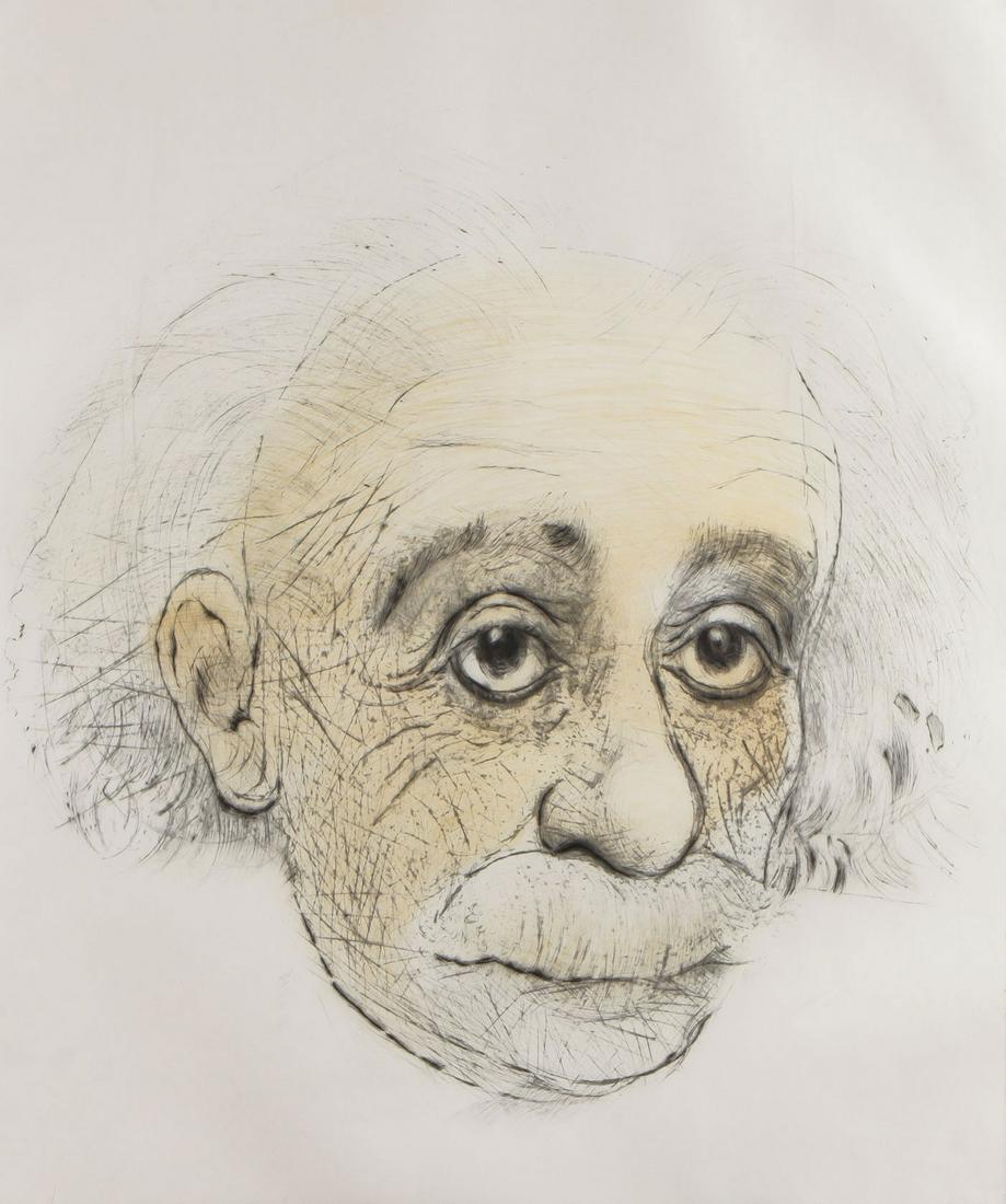 MAURICIO LASANSKY SIGNED PRINT EINSTEIN PORTRAIT: MAURICIO LEIB LASANSKY (American 1914-2021)Portrait of Albert Einstein- 1984DrypointSigned, titled, and editioned 52/70 lower right23.5 inches x 19.5 inches, contained in a glazed frame<