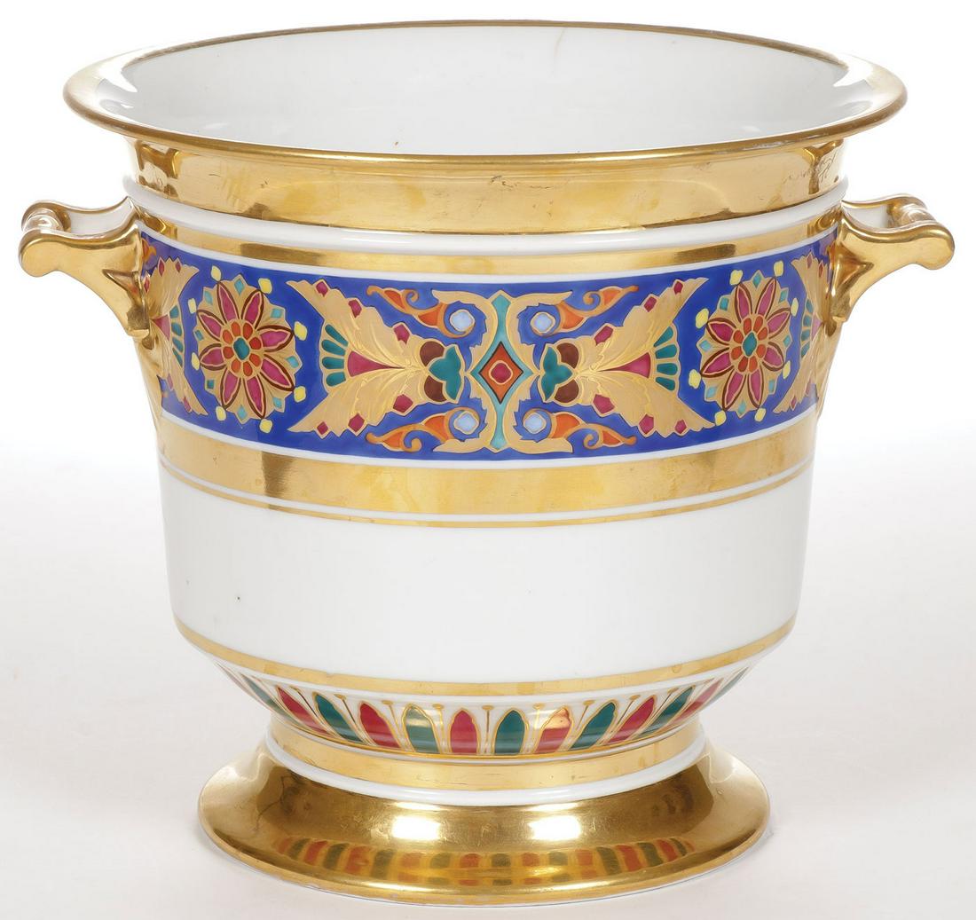 IMPERIAL RUSSIAN PORCELAIN FACTORY WINE COOLER: IMPERIAL RUSSIAN PORCELAIN FACTORY WINE COOLER, NICHOLAS I. Comprising a porcelain decorated wine cooler from the Imperial Gothic Service period of Tsar Nicholas I (1825-1855). With colorful bandi