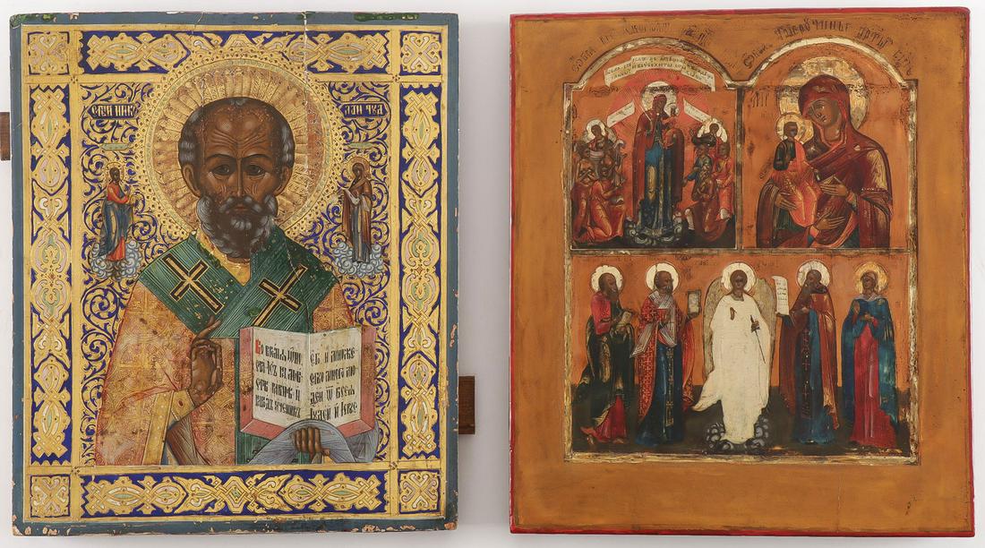 PAIR OF RUSSIAN ICONS 19TH C: PAIR OF RUSSIAN ICONS 19TH C. Comprising an icon in three registers, the upper left corner with the Joy to All Who Sorrow Mother of God, at upper right the Three Handed Mother of God, and the lower re