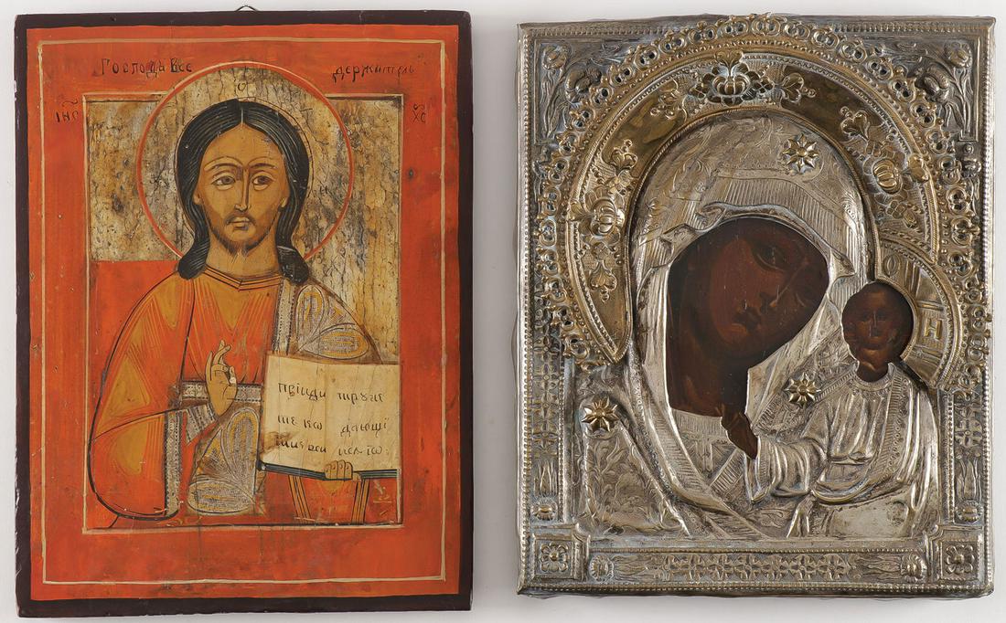 A PAIR OF RUSSIAN ICONS 19TH CENTURY: A PAIR OF RUSSIAN ICONS 19TH CENTURY. Comprising an icon of the Kazan Mother of God with finely crafted repousse and chased silver plated and gilt oklad and halo. 10.75 inches x 8.75 inches (27 x 22 c