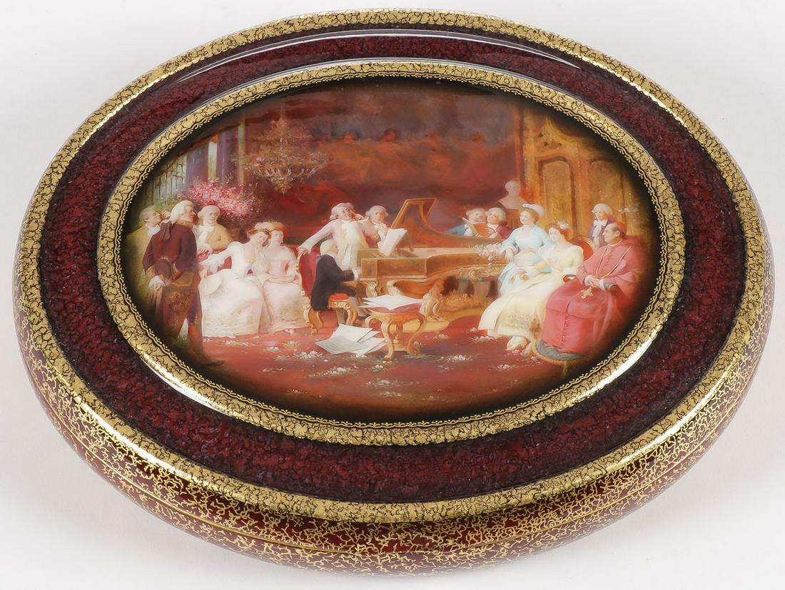 STUNNING RUSSIAN LACQUER BOX: STUNNING RUSSIAN LACQUER BOX. Comprising a large and impressive oval box with hinged lid. Masterfully painted with an interior scene aristocracy and a cardinal listening to the young Mozart. Fedoskino
