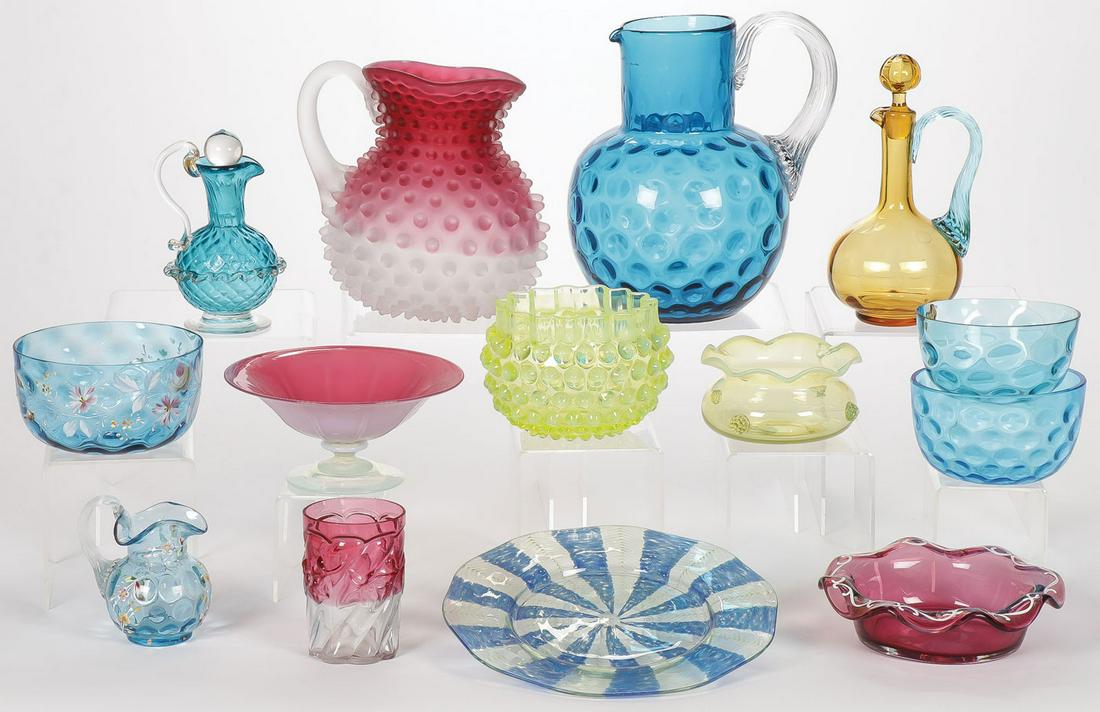 13 PIECES ART GLASS GROUP C. 1870-1920: 13 PIECES ART GLASS GROUP C. 1870-1920. Comprising a good group of various types of glass, including two pitchers, finger bowls, cruets, and a likely Steuben footed opaline and red compote, as wel