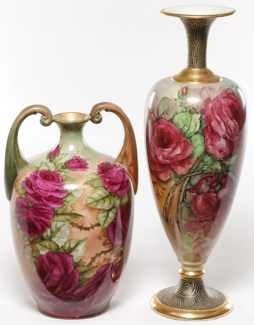 PR LOVELY LENOX BELLEEK HP VASES: PR LOVELY LENOX BELLEEK HP VASES. Comprising a classical urn form vase with scroll handles profusely painted with bright red roses and a baluster form vase with interesting gilt decorated neck and foo