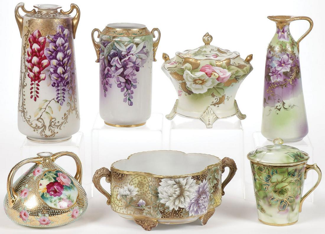 SEVEN PIECES HAND-PAINTED NIPPON: SEVEN PIECES HAND-PAINTED NIPPON. Comprising 7 individual pieces, each with heavy gilt decoration and hand-painted floral scenes. Comprising vases, covered pots as shown and displaying various