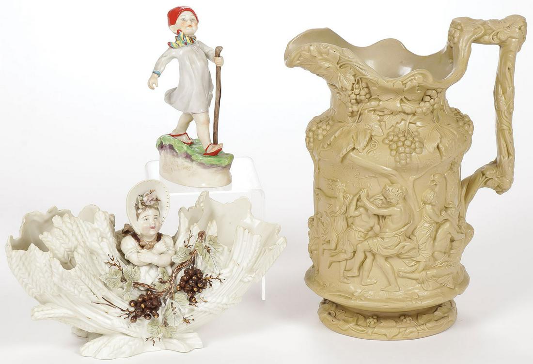 ENGLISH PORCELAIN AND CERAMICS GROUP: ENGLISH PORCELAIN AND CERAMICS GROUP. Including a fine Charles Meigh Bacchanalian Dance Stoneware pitcher, clearly marked on underside of base, a charming porcelain double harvest vase and a Royal Wor