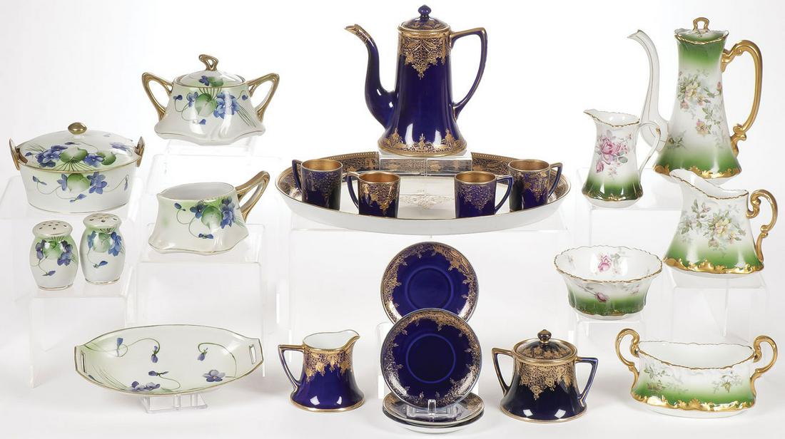 NIPPON AND LIMOGES PORCELAIN TEA SERVICES: NIPPON AND LIMOGES PORCELAIN TEA SERVICES. Comprising three services or partial services, including a scarce Nippon cobalt and gilt decorated demitasse set with tray, four cups and matching saucers,