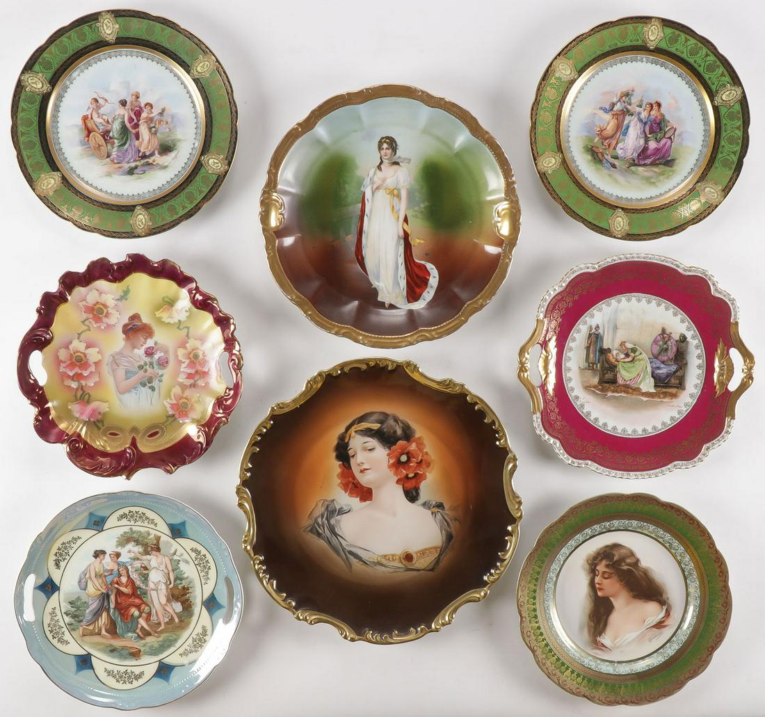 EIGHT PORCELAIN CABINET PLATES: EIGHT PORCELAIN CABINET PLATES. Comprising a matching pair of exceptional plates decorated with mythological scenes after the artist Angelica Kauffmann, the verso with blue beehive mark, as well as an