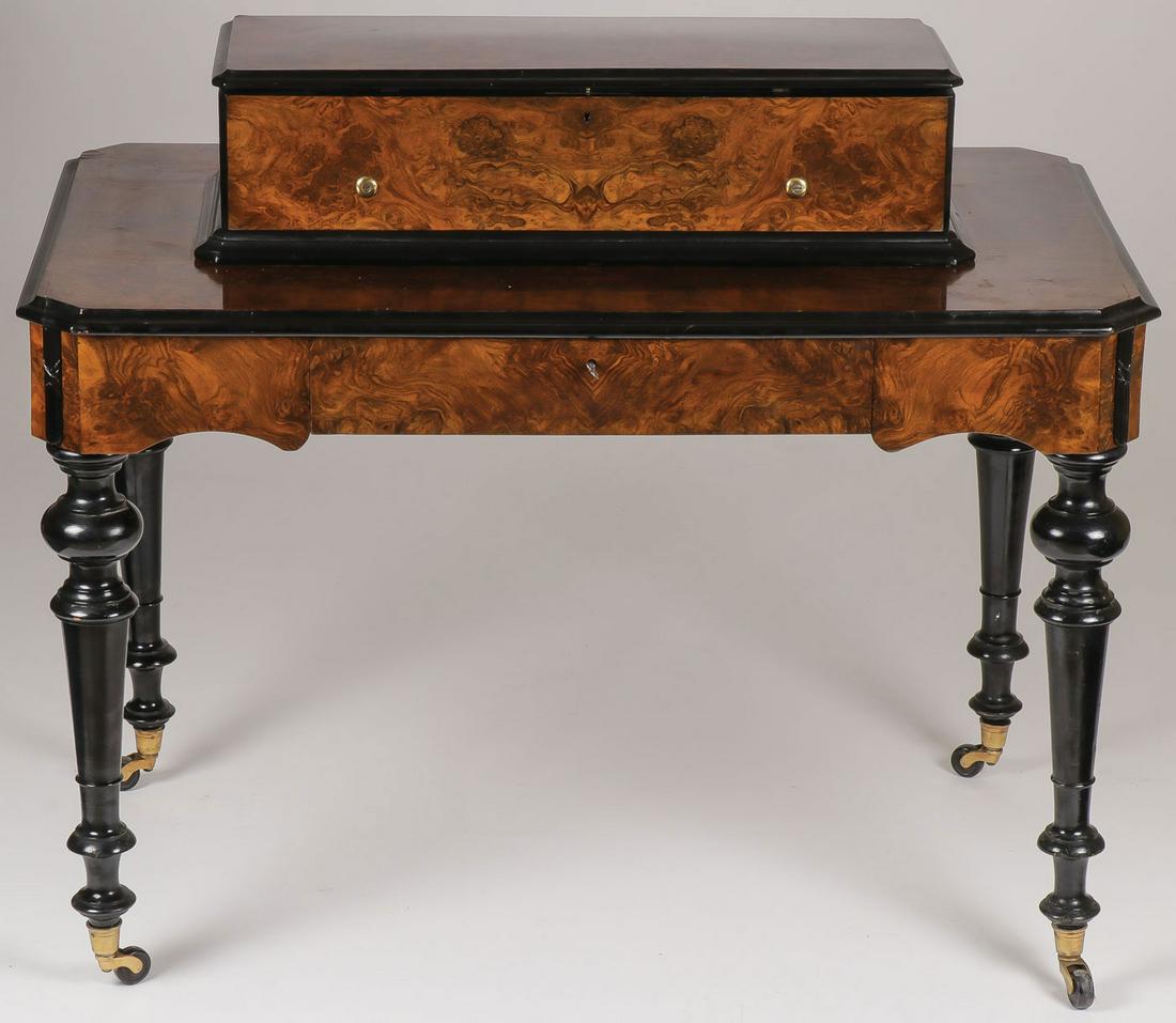 A SWISS NICOLE FRERES CYLINDRICAL MUSIC BOX: A SWISS NICOLE FRERES CYLINDRICAL MUSIC BOX ON MATCHING BASE. Comprising a traditional rectangular burled walnut music box on matching stand with four baluster turned legs and central draw housing sev