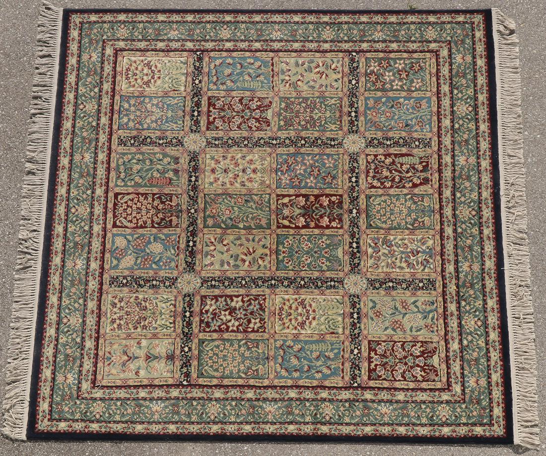 BEAUTIFUL HANDWOVEN ORIENTAL RUGS: BEAUTIFUL HANDWOVEN ORIENTAL RUGS. The first of panel design with overall floral motif in soft blues, greens, ivory and deep red, 7 feet 8 inches x 7 feet 8 inches, the second with stylized foliate mo