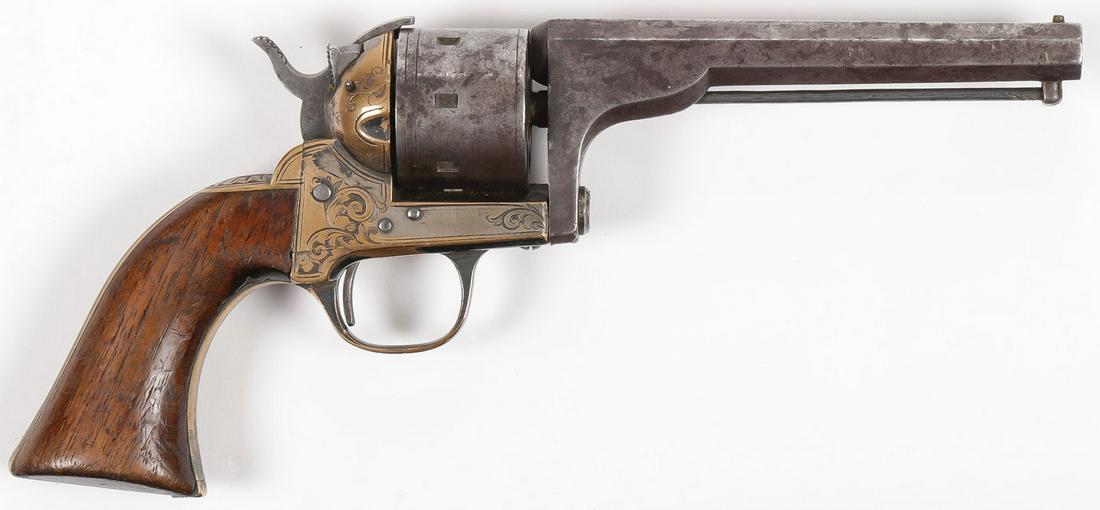 A MOORE RIMFIRE BELT REVOLVER: A MOORE RIMFIRE BELT REVOLVER. In .32 rimfire, factory engraved walnut grips, 5-inch octagon barrel. SHIPPING NOTICE: Jackson's is your sole and only source for one stop packing and shipping. With ove