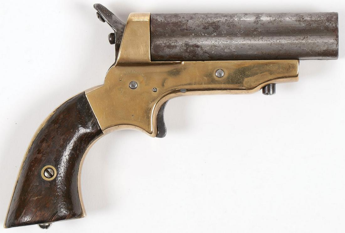 A SHARPS 4-SHOT PEPPERBOX M2A: A SHARPS 4-SHOT PEPPERBOX M2A. In .30 caliber, 3-inch barrels, walnut grips, serial number 22080. SHIPPING NOTICE: Jackson's is your sole and only source for one stop packing and shipping. With over 5