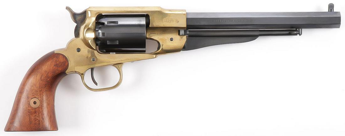 REMINGTON M1858 REVOLVER REPLICA: REMINGTON M1858 REVOLVER REPLICA. Comprising a Pietta Italian replica of the Remington percussion revolver in .44 cal, brass frame, 8-inch barrel. In original box as retailed by Cabella's. SN 