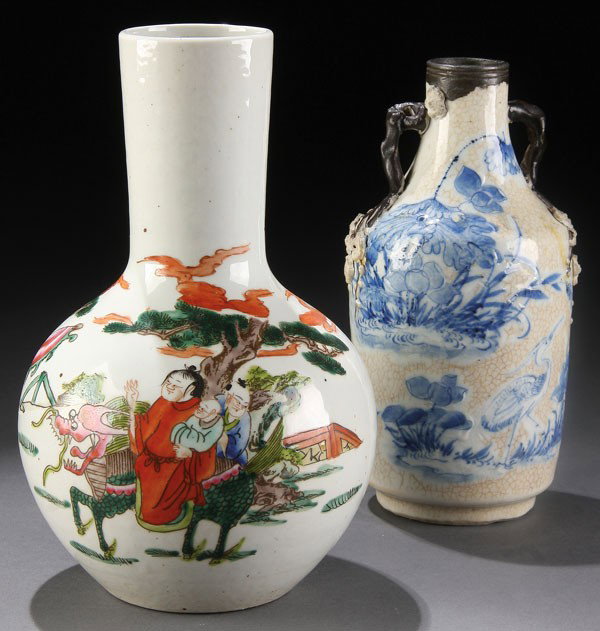 CHINESE QING DYNASTY RED OXIDE BOTTLE: A CHINESE QING DYNASTY FAMILLE VERTE AND RED OXIDE DECORATED BOTTLE VASE, Tongzhi mark and of the period, decorated with a parade scene and inscription on verso, signed with red seal mark. Together wi