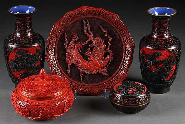 A FOUR-PIECE CHINESE CINNABAR GROUP, 20TH CENTURY: A FOUR-PIECE CHINESE CINNABAR GROUP, 20TH CENTURY. Comprising a pair of well-carved two color vases, a two-color lidded box and a red covered box together with a contemporary "Sense of Touch" collecto