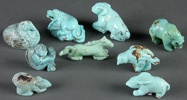 NINE CHINESE CARVED TURQUOISE ANIMAL FIGURES, 20T: NINE CHINESE CARVED TURQUOISE ANIMAL FIGURES, 20TH CENTURY. Including an ox, mythical beast, bear, rabbit, hen and others. The largest 2.25 inches.