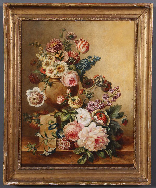 OIL PAINTING, FLORAL STILL LIFE: CONTINENTAL SCHOOL (20th century). Floral Still Life, oil on canvas. Unsigned. 20.75 inches x 16.25 inches (52.5 x 41 cm). Contained in gilt frame.