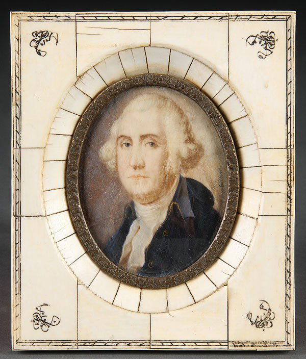 A MINIATURE PORTRAIT OF GEORGE WASHINGTON, 19TH C: A MINIATURE PORTRAIT OF GEORGE WASHINGTON, 19TH CENTURY, watercolor on ivory. Signed mid-right "Gilbert," and mounted in an ivory veneered frame. Portrait 3 inches. Height of frame 5 inches.