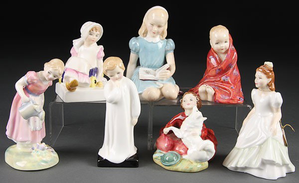 SEVEN ROYAL DOULTON PORCELAIN CHILDREN FIGURES, c: SEVEN ROYAL DOULTON PORCELAIN CHILDREN FIGURES, comprising "Mary ", "Nell", "Alice", "This Little Pig", "Darling", "Home Again" and "Kerry". Height 3.5 inches to 5.25 inches.