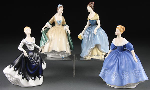 FOUR ROYAL DOULTON PORCELAIN FIGURES OF YOUNG WOM: FOUR ROYAL DOULTON PORCELAIN FIGURES OF YOUNG WOMEN IN DRESSES, comprising "Lisa", "Elegance", "Melanie" and "Nina". Height 6.75 inches to 7.75 inches.