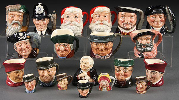19 ROYAL DOULTON TOBY JUGS: 19 ROYAL DOULTON SMALL AND MINI SIZED CHARACTER TOBY JUGS, comprising Robinson Crusoe, "The London Body", two "Santa Claus", "Henry VIII", "Lobster Man", "Long John Silver", "Toby Philpotts", "Fallsta