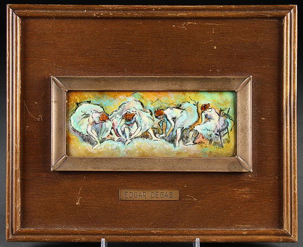 MANNER OF EDGAR DEGAS, an enameled copper plaque : MANNER OF EDGAR DEGAS, an enameled copper plaque depicting five ballerinas lacing slippers, within a silvered metal frame mounted on wood plaque with engraved plate "Edgar Degas". The plaque 6 inches 