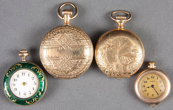 TWO GOLD FILLED HUNTING CASE WATCHES, CIRCA 1900.: TWO GOLD FILLED HUNTING CASE WATCHES, CIRCA 1900. By Columbia & Hampton. Together with a French enameled watch case and a small Elgin watch with wrist band lugs. Some losses. Diameter 1 inch to 1.5 in