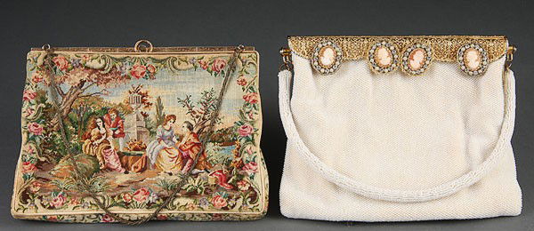 2 FRENCH VINTAGE PURSES BEADED WOVEN CAMEO: TWO FRENCH VINTAGE PURSES comprising a white beaded bag with reticulated gilt clasp and four mounted carved shell cameos and a scenic woven tapestry bag with gilt frame marked Walborg. Length 8.25 inc