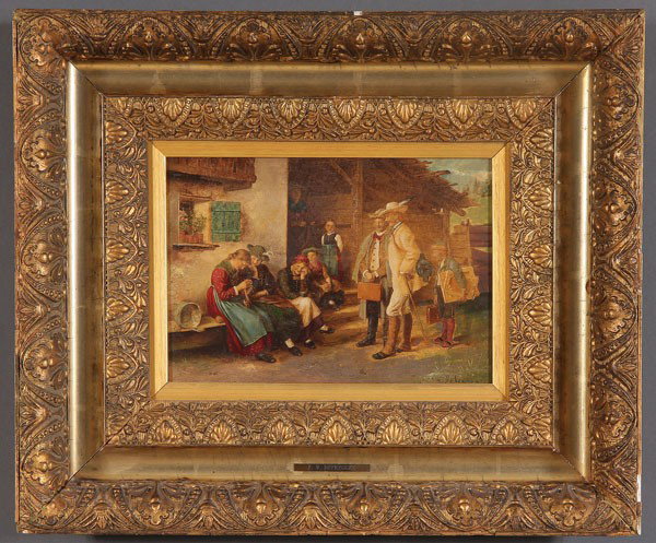 After FRANZ DEGREGGER GERMAN PRINT: After FRANZ DEGREGGER (German 1835-1921), Just Arrived, Painted print laid down on board, signed lower right, 7.75 inches x 11 inches (19.6 x 27.9 cm).