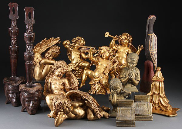GILT ANGEL COLLECTION RAPHEAL STYLE: A CONTEMPORARY GILT ANGEL COLLECTION, 20th century. Comprising a set of three composition seated gilt angels playing instruments, three Raphael type cast and gilt cherubs; together with a pair of carv