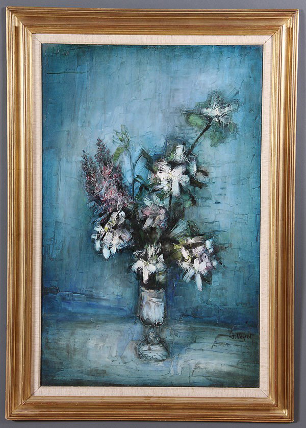 JACQUES VOYET FRENCH OIL ON CANVAS LE BOUQUET: JACQUES VOYET (French 1927-2010) Le Bouquet Bleu, Oil on canvas, Signed lower right, 39.75 inches x 25 inches (100.5 x 62.5 cm), framed.
