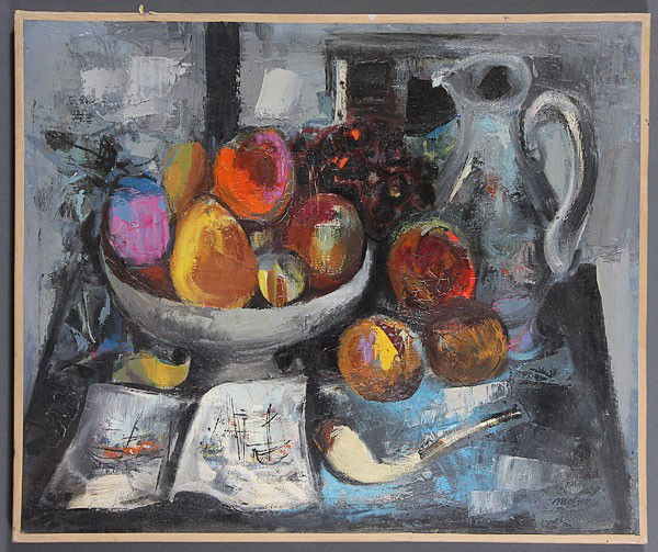 LUIS VIDAL MOLNE SPANISH OIL ON CANVAS FRUIT: LUIS VIDAL MOLNE (Spanish 1907-1970), Still Life with Fruit and Pitcher, Oil on canvas, Signed lower right, 18 inches x 21.75 inches (46 x 55.2 cm).