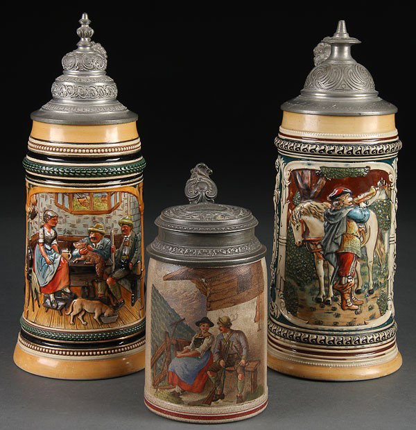 BEER STEINS, THREE GERMAN STONEWARE BEER STEINS, : BEER STEINS, THREE GERMAN STONEWARE BEER STEINS, LATE 19TH/EARLY 20TH CENTURY. Comprising a very fine Merklebach & Wick with painted Tyrolean mountain scene together with later embossed and polychrome