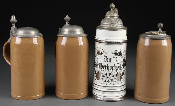 3 BEER STEINS METTLACH STONEWARE PORCELAIN: BEER STEINS, A GROUP OF THREE METTLACH STONEWARE AND PEWTER MOUNTED STEINS, one with porcelain insert of a hay wagon; together with a porcelain and lithophane silver decorated stein, the lithophane de