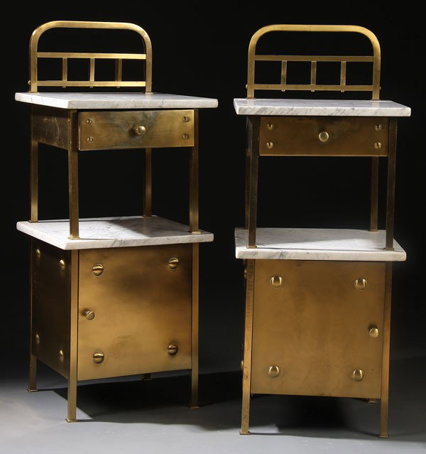 A PAIR OF ENGLISH BRASS AND MARBLE NIGHTSTANDS: A PAIR OF ENGLISH BRASS AND MARBLE NIGHTSTANDS, CIRCA 1900. Of two-tiered form. Height 41 inches, width 17 inches, depth 16 inches.